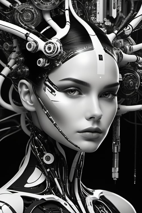 (masterpiece,best quality, ultra realistic,32k,RAW photo,detailed skin, 8k uhd, high quality:1.2), abstract expressionist painting black and white connected cyborg - plant goddess high quality photo, microchip, artificial intelligence, bio - mechanical bio - luminescence, black wired cables, neurons, nerve cells, cinematic, rim light, photo - realistic, elegant, high detail, 8 k, masterpiece, high fashion . energetic brushwork, bold colors, abstract forms, expressive, emotional