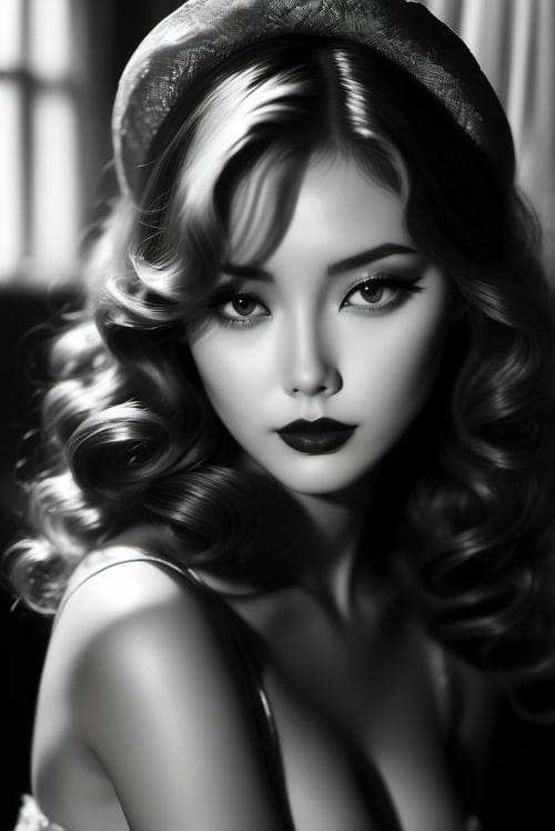 Film noir style (masterpiece,best quality, ultra realistic,32k,RAW photo,detailed skin, 8k uhd, dslr,high quality:1.3), asian sexy lady,art of Alice in Wonderland, Jack Whitten, high detail, trending on artstation 
 . Monochrome, high contrast, dramatic shadows, 1940s style, mysterious, cinematic