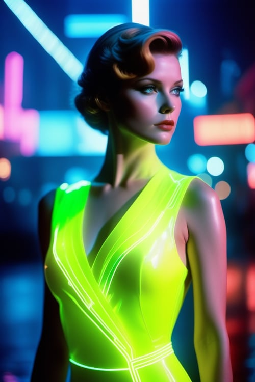 (masterpiece,best quality, ultra realistic,32k,RAW photo,detailed skin, 8k uhd, high quality:1.2), retro game art A hyper realistic and detailed head portrait photography of a Rachael of Blade Runner wearing a translucent, shimming dress on a futuristic street. by Annie Leibovitz. Neo noir style. Cinematic. neon lights glow in the background. Cinestill 800T film. Lens flare. Helios 44m . 16-bit, vibrant colors, pixelated, nostalgic, charming, fun