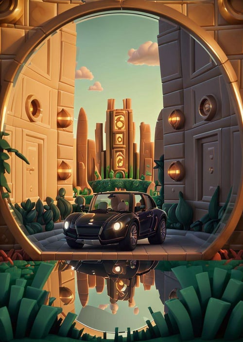 a Mid-size luxury car in The Mirror Maze landscape at Sunset 