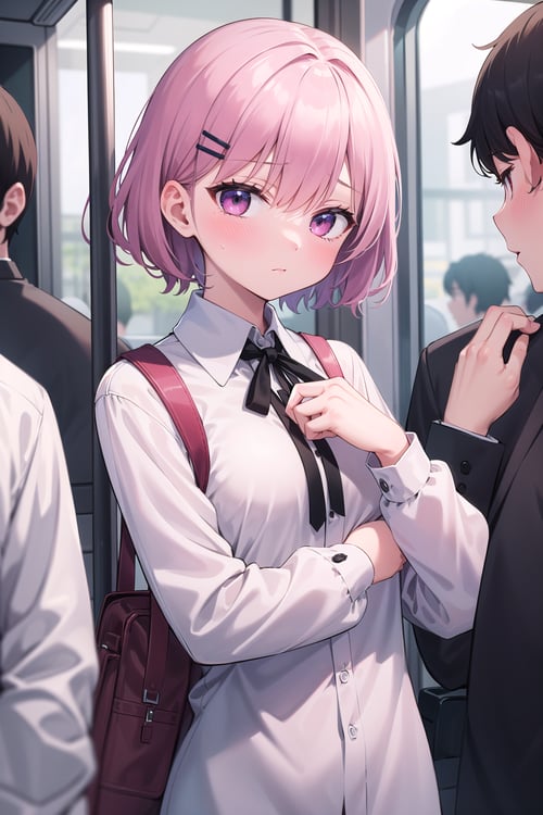 (masterpiece), highest quality, high resolution, small breasts, 1girls, short hair, upper body, looking at viewer, hairclips, loose outfit, train interior, blush, closed_eyes, heavy breathing, (crowd:1.3)