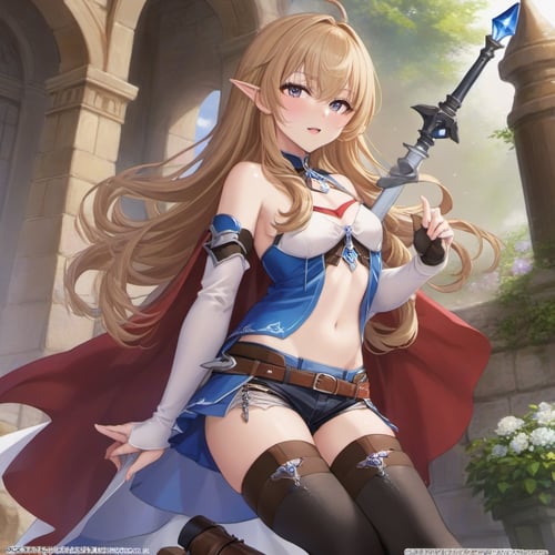 masterpiece, best quality,elinalise dragonroad, 1girl, thighhighs, bare shoulders, long hair, boots, detached sleeves, shorts, drill hair, waist cape