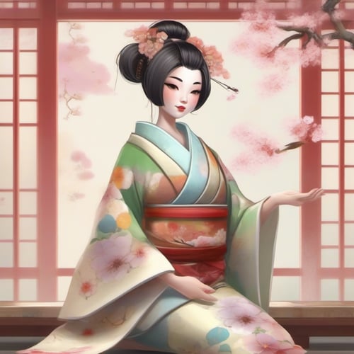  Android geisha , robotic parts , flowery kimono, kids story book style, muted colors, watercolor style , unreal engine, 16k UHD