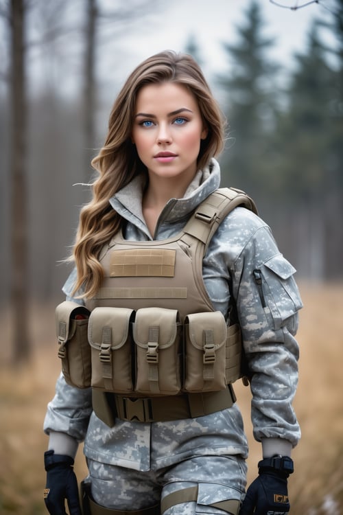 (photorealistic), beautiful lighting, best quality, realistic, full body portrait, real picture, intricate details, depth of field, 1girl, in a cold snowstorm, A very muscular solider girl with haircut, wearing winter camo military fatigues, camo plate carrier rig, combat gloves, (magazin pouches), (kneepads), highly-detailed, huge breast, perfect face, blue eyes, lips, wide hips, small waist, tall, make up, tacticool, Fujifilm XT3, outdoors, bright day, Beautiful lighting, RAW photo, 8k uhd, film grain, ((bokeh))