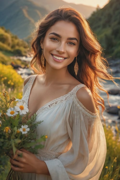 (best quality,8k,highres,masterpiece:1.2),photorealistic,ultra-detailed,vibrant photography of a woman in nature, cute smile,dramatic lighting,finely detailed beautiful eyes,fine detailed skin,Natural scenery,majestic landscape,colorful flowers,distant mountains,flowing rivers,melting sunset,serene atmosphere,dazzling sunlight,blissful vibes,freckled face,luscious greenery,soft breeze,ethereal beauty,photo r3al