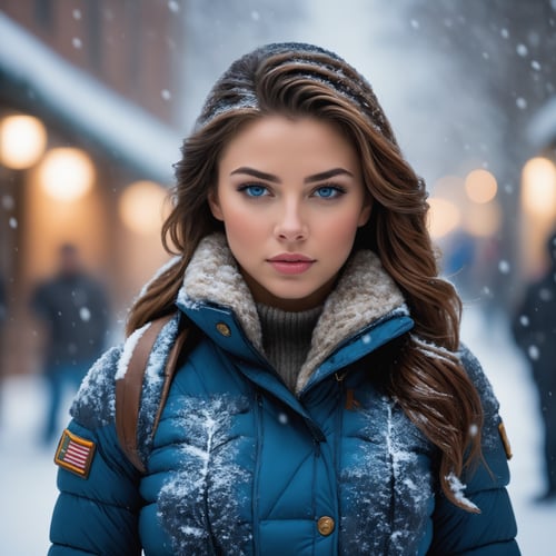 (photorealistic), beautiful lighting, best quality, realistic, full body portrait, real picture, intricate details, depth of field, 1girl, in a cold snowstorm, A very muscular solider girl with haircut, wearing winter dress,  gloves, highly-detailed, perfect face, blue eyes, lips, wide hips, small waist, tall, make up, tacticool, Fujifilm XT3, outdoors, bright day, Beautiful lighting, RAW photo, 8k uhd, film grain, ((bokeh)), photo r3al