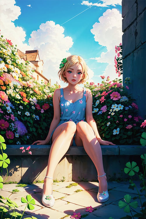 masterpiece, best quality, (ultra-detailed, 8k, uhd), (kawaii background:1.3), (extremely detailed, fine touch:1.3), (hard light, studio light, light rays, dappled light, reflection, shadows, ray tracing:1.0), pov, girl, white blonde short hair, full body, sky, cloud, flower, glass shoes, (clover, flowers:1.3), (sitting, legs apart:1.3)
