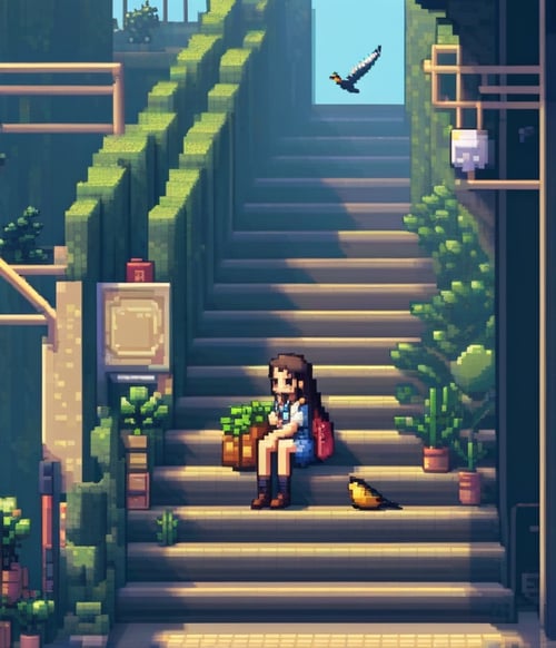 pixel art, 1girl, bird, solo, long hair, stairs, bag, plant, sitting<lora:sdxl_pixel:0.65>