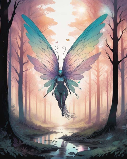 A majestic, otherworldly creature with iridescent wings and ethereal patterns, hovering in a forest clearing, the soft sunlight filtering through the leaves creating a magical, enchanting atmosphere, depicted in a detailed digital artwork. <lora:Soulful_Aesthetics_sdxl:1.0>