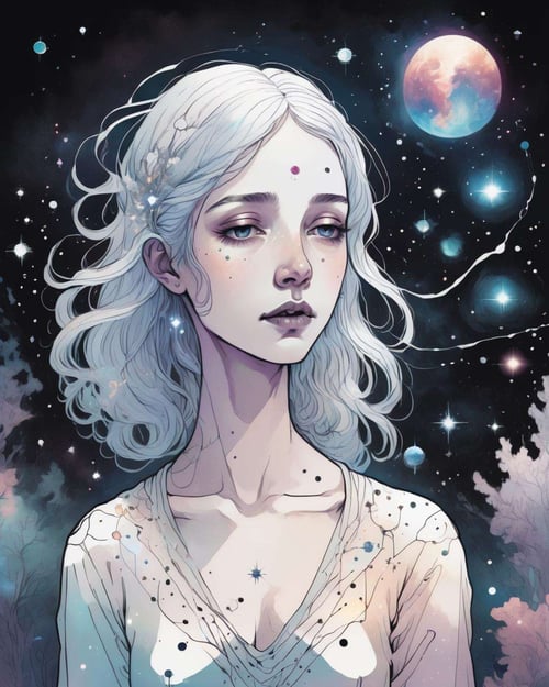 An ethereal celestial being, adorned with shimmering constellations, floating in the vastness of space, captured in a mesmerizing digital painting that captures the celestial beauty of the cosmos. <lora:Soulful_Aesthetics_sdxl:1.0>