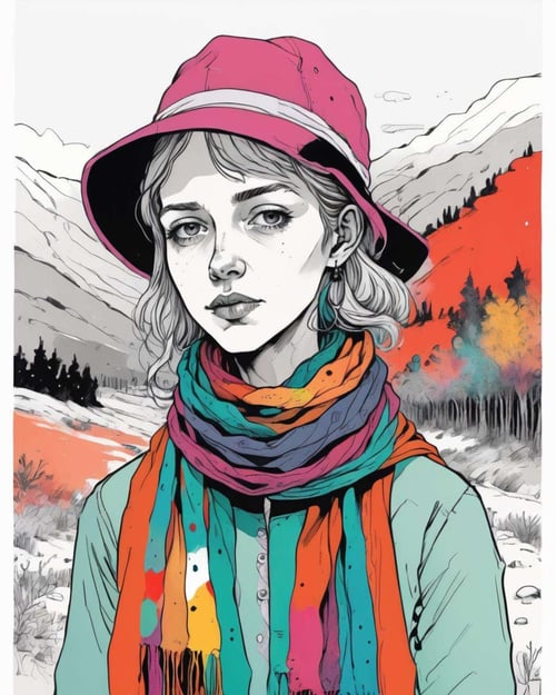 a woman with a colorful hat and scarf<lora:Soulful_Aesthetics_sdxl:1.0>
