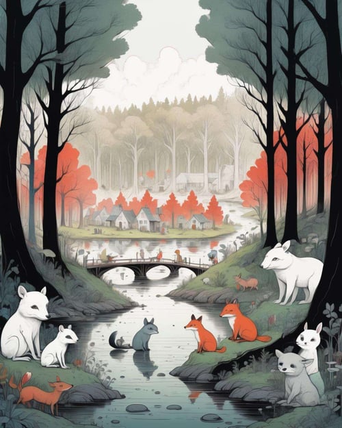 A whimsical forest populated by anthropomorphic animals engaged in everyday activities, captured in a charming and detailed illustration that invites the viewer to explore the enchanting world. <lora:Soulful_Aesthetics_sdxl:1.0>
