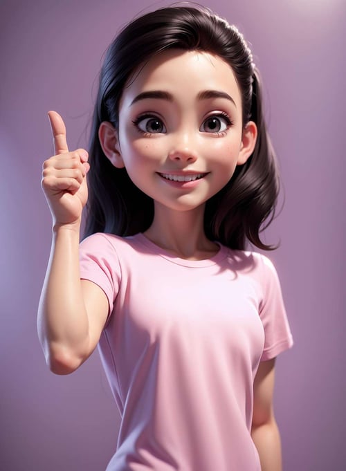 a girl wearing pink t-shirt, thumb up, bright smile, gray background, 3d cartoon render