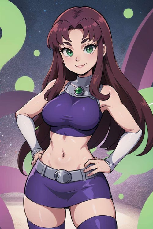 masterpiece, best quality, highres, sf1, midriff, purple skirt, crop top, purple thighhighs, bare shoulders, belt, <lora:starfire_v1:0.6>, cowboy shot, hand on hip, smile, dynamic pose, 