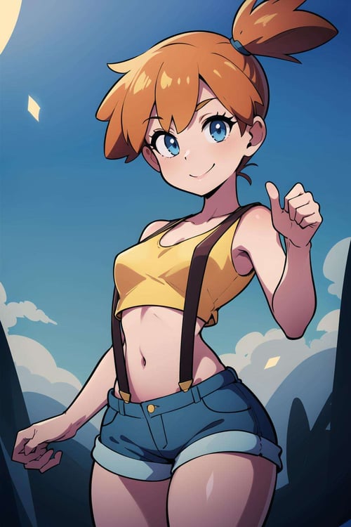 ((masterpiece,best quality)), absurdres, <lora:Misty_Pokemon:0.6>, Misty_Pokemon, small breasts, blue eyes, yellow crop top, suspenders, solo, smiling, looking at viewer, cowboy shot, cinematic composition, dynamic pose