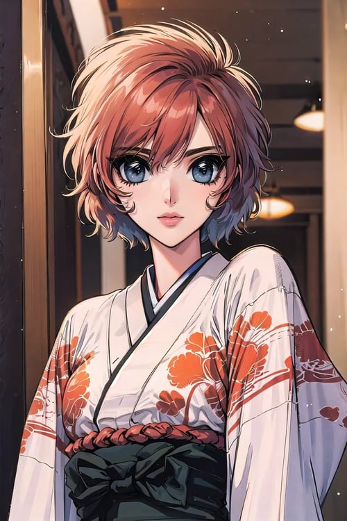 (Masterpiece,  Best Quality:1.2),  Traditional Media,  retro artstyle,  1990s \(style\),  1girl,  solo,  Manga,  dynamic,  very long hair,  lipstick,  perfect face,  woman standing in hallway,  mid shot,  (upper body:1.2),  full body,  focus face,  japanese clothes,  obi,  detailed deep eyes,  beautiful,  stylish,  vibrant colors,  depth of field,  light particles,  cinematic lighting,  shiny,  alternate costume,  alternate hairstyle,  bangs,  curvy,  , sugar_rune, <lora:EMS-28489-EMS:1.400000>, , <lora:EMS-27725-EMS:0.300000>