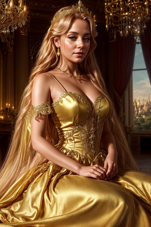 Photorealistic Images: Enchanting Fairy Tale Princess, Royal Castle Setting, Soft Golden Lighting, Regal Gown, Close-Up Shot, (high resolution:1.2), (royal details:1.15), (fairy tale princess:1.1), (majestic ambiance:1.2), (golden glow:1.1), (intricate details:1.14), (elegance:1.1). <lora:more_details:1> ,