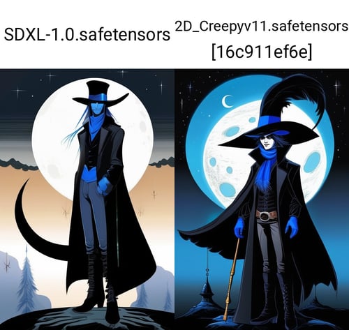 Girl in a hat, with vampiric features, exuding a mysterious aura that resembles that of a deity. His long hair is blue, and his deep blue eyes reflect authority. He wears a long coat that drapes over a snug vest, accentuating his figure. A black scarf adorns his neck, and dark gloves cover his hands. Long black thigh-high boots complement his dark pants. Atop his head sits a large blue hat adorned with feathers. Collectively, the image captures his enigmatic and theatrical presence.,sitting moon, 2D