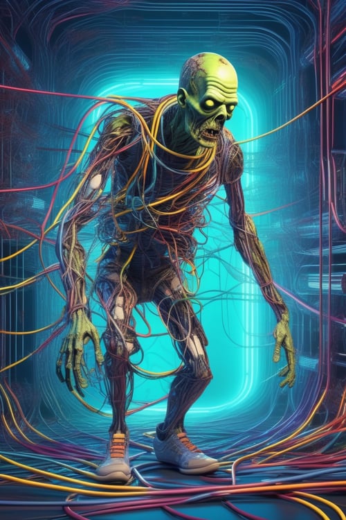 zombie man connected to cyberspace, wires, cables, tubes, complex, surreal, futuristic, three fourth perspective, high tech, line art, (flat colors), masterpiece, high quality, 8k, best quality,