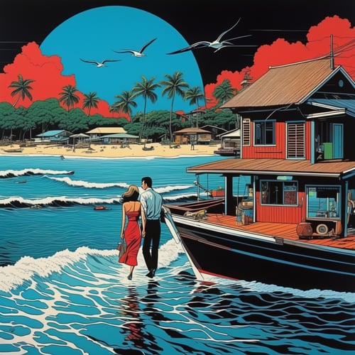 (art), (2D), horror style,  (style of Hiroshi Nagai:1.3) (masterpiece,best quality:1.5),Rockabilly clothing, The Caribbean Sea,at Midday, Emmanuelle Béart