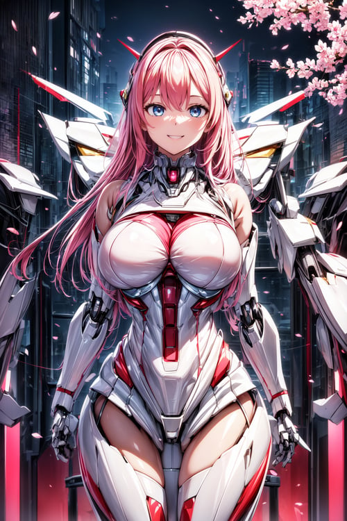 Masterpiece, High quality, 64K, Unity 64K Wallpaper, HDR, Best Quality, RAW, Super Fine Photography, Super High Resolution, Super Detailed, 
Beautiful and Aesthetic, Stunningly beautiful, Perfect proportions, 
1girl, Solo, White skin, Detailed skin, Realistic skin details, (Mecha:1.5)
Futuristic Mecha, Arms Mecha, Dynamic pose, Battle stance, Swaying hair, by FuturEvoLab, 
Dark City Night, Cyberpunk City, Cyberpunk architecture, Future architecture, Fine architecture, Accurate architectural structure, Detailed complex busy background, Gorgeous, Cherry blossoms,
Sharp focus, Perfect facial features, Pure and pretty, Perfect eyes, Lively eyes, Elegant face, Delicate face, Exquisite face, Pink Mecha, 
