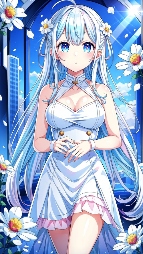 (masterpiece, best quality, highres:1.3), ultra resolution image, (1girl), (solo), kawaii, white hair, long hair, white dress, wonderland, bunny, sunlight, flowers, colorful, hold white flowers, dreamy,Cyberpunk