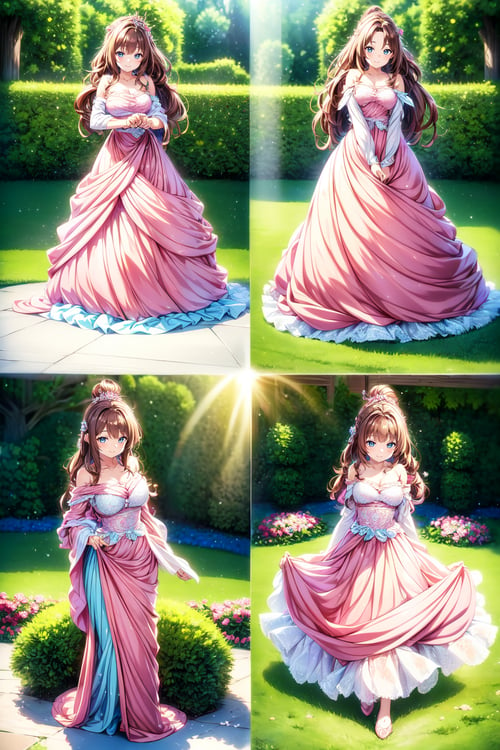Generate hyper realistic image of a romantic portrayal of a supermodel in a blush pink, tulle ball gown, her chestnut brown hair styled in soft curls, as she poses in a dreamy, fairytale-like garden setting.. highly detailed, sharp focus.8k,photography style,photo r3al, more detail XL, r4w photo