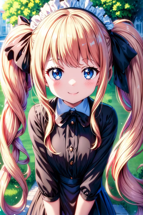 (best quality:1.1), (masterpiece:1.4), (absurdres:1.0), portrait, close-up,1girl, ekaterina kurae, twintails, low-tied_long_hair, hair ends, very long hair, blonde hair, flat chest, blue eyes, black dress, maid headdress, neck ribbon, looking at viewer, outdoors, (blush:1.2), city, smile,