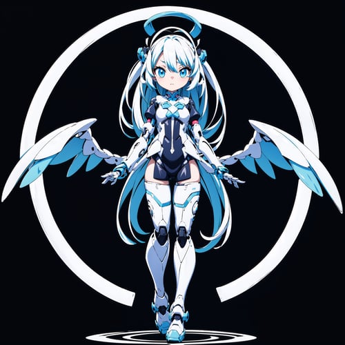 1girl, Q-version, 2-head-tall, full-body, standing front view, symmetrical, cute lolita style, cyberpunk robot, angel wings made of stylus pens from various drawing tablets, blue and white color scheme, tech accessories, vector art, Leonardo Style, center image, cute, chibi, pure black background, (4k, ultra high detail), clean image, clean vector, tshirt design, ornament