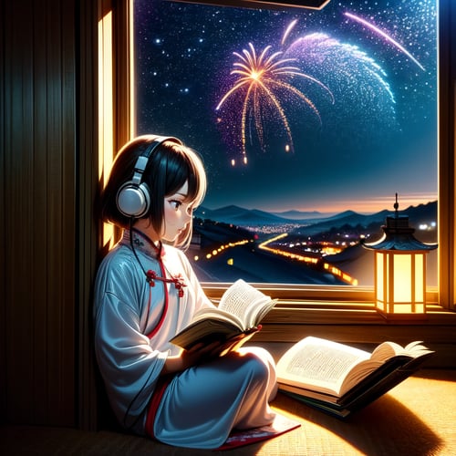 A cute LOFI music themed anime-style girl wearing a winter cheongsam, leisurely reading a book by a window. She is wearing headphones and listening to music. The window offers a view of a vast night sky filled with stars, fireworks, and a majestic Chinese dragon flying in the sky. The image features a warm color palette, creating a cozy and inviting atmosphere. This scene combines traditional Chinese elements with a whimsical touch, capturing the essence of a serene winter night. perfectly suited for a LOFI music background.