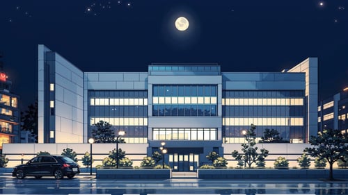 Outdoor, night, moon, neon lights, large hospital buildings, Cyberpunk style, vehicles, street lamps,