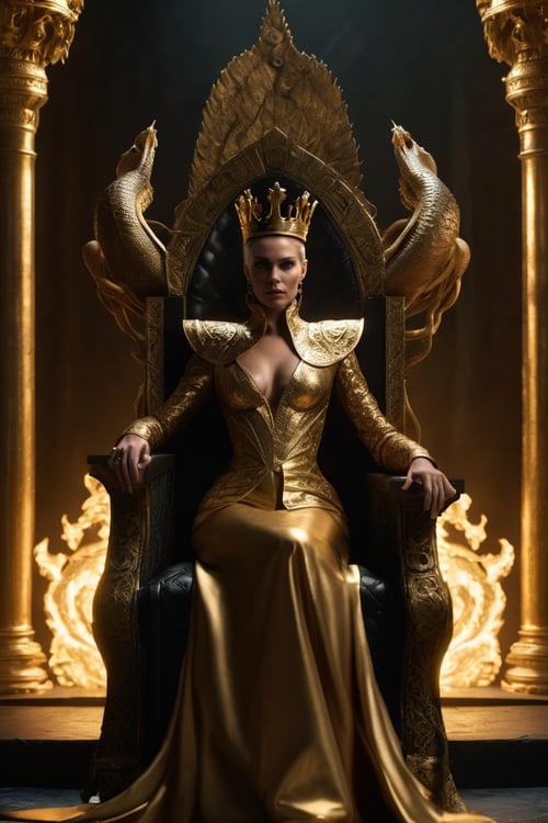 Horror-themed A very beautiful queen sitting on a black throne made of gold, with a serpent-dragon like elements and design, intricate details, dramatic lighting, hyperrealism, photorealistic, cinematic, 8k, unreal engine . Eerie, unsettling, dark, spooky, suspenseful, grim, highly detailed