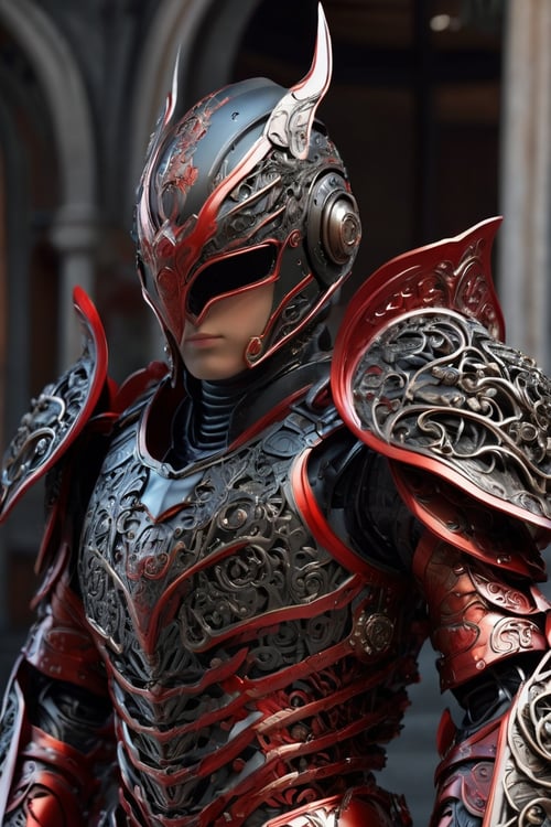 Hyperrealistic art front_view, masterpiece, best quality, photorealistic, raw photo, (1boy, handsome, looking at viewer), mechanical black armor, intricate armor, delicate red filigree, intricate filigree, black metalic parts, detailed part, dynamic pose, detailed background, dynamic lighting . Extremely high-resolution details, photographic, realism pushed to extreme, fine texture, incredibly lifelike