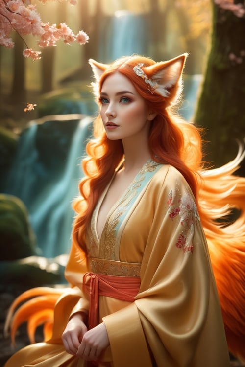 Fairy tale ethereal fantasy concept art of cinematic film still In this hyper-maximalist masterpiece, a breathtaking image of the ultimate nine-tailed fox girl unfolds. She stands amidst a mystical forest, exuding ethereal elegance. Her cascading locks, molten gold in color, shimmer with an inner radiance. Iridescent emerald eyes hold ancient wisdom and mischief, captivating the soul. Porcelain-like skin bears intricate cherry blossom markings, subtly shifting with light. Nine resplendent tails, adorned with patterns inspired by various art movements, weave a harmonious visual symphony. Ornate kimono, inspired by traditional Japanese woodblock prints, showcases meticulous detail. The enchanted forest bursts with vibrant colors, blending surrealism and fantasy. This epic masterpiece evokes awe, intertwining hyper-realistic rendering, intricate details, and seamless fusion of styles. It is a groundbreaking testament to the artist's skill, inviting viewers into a world where beauty and magic coexist. With unparalleled attention to detail, it transcends visual boundaries, offering a timeless encounter with the extraordinary nine-tailed fox girl—a stunning embodiment of artistic excellence. . shallow depth of field, vignette, highly detailed, high budget Hollywood movie, bokeh, cinemascope, moody, epic, gorgeous, film grain, grainy . magnificent, celestial, ethereal, painterly, epic, majestic, magical, fantasy art, cover art, dreamy . Magical, fantastical, enchanting, storybook style, highly detailed