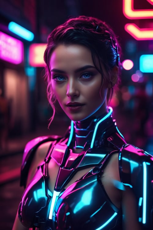 Hyperrealistic art cinematic photo Neon noir beautiful woman semi robot taking selfie,looking at viewer, . Cyberpunk, dark, rainy streets, neon signs, high contrast, low light, vibrant, highly detailed . 35mm photograph, film, bokeh, professional, 4k, highly detailed . Extremely high-resolution details, photographic, realism pushed to extreme, fine texture, incredibly lifelike