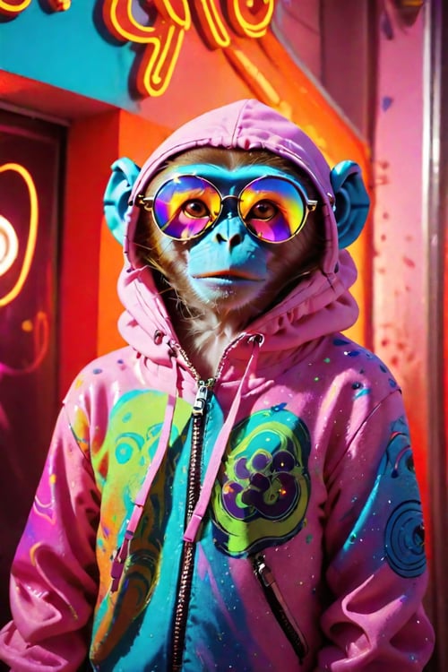 a cool monkey in a spaced out psychedelic outfit, sunglasses, hood, standing outside a nightclub,wild colours,neon photography style