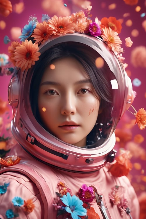 cinematic photo, perfectly centered asian portrait detailed astronaut with flowers explosion helmets,anatomical drawing,dripping paint,coquelicot color,volumetric lighting,unreal engine,blender model,3d model,incredible bokeh . 35mm photograph,film,bokeh,professional,4k,highly detailed,
