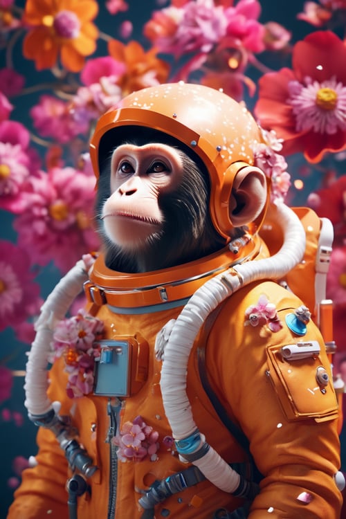 cinematic photo, perfectly centered monkey portrait detailed astronaut with flowers explosion helmets,anatomical drawing,dripping paint,coquelicot color,volumetric lighting,unreal engine,blender model,3d model,incredible bokeh . 35mm photograph,film,bokeh,professional,4k,highly detailed,