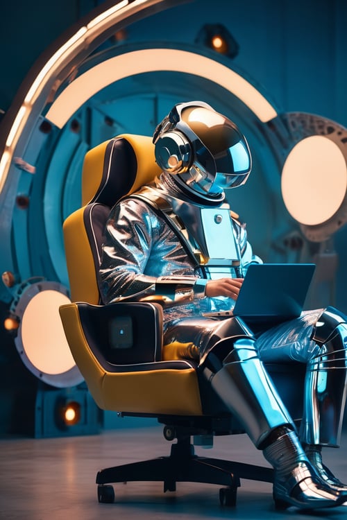 cinematic photo,a man sitting in a chair with a computer on his head,inspired by Beeple,chrome outfit,jen bartel,chrome robot,2 k aesthetic,4 k surrealism,pathetic robot,mixing solarpunk,astronaut,y2k,virtual self,anton fadeev 8 k,chrome dino,eboy . 35mm photograph,film,bokeh,professional,4k,highly detailed,