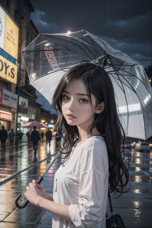 (masterpiece), (cinematic, city lights:1.2), city, overcast, rain, 1girl, black hair, medium hair, wavy hair, umbrella