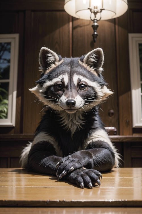 (masterpiece), indoors, furry, raccoon
