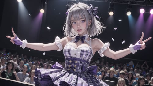 (masterpiece), best quality, high resolution, highly detailed, detailed background, cinematic lighting,  looking_at_viewer, 1girl, silver hair, medium hair, medium breasts, purple eyes, idol, purple white idol clothes, underbust, stage, glowstick, stage lights, music, blush, heavy_breathing, sweat, concert, white frilled gloves, frilled microskirt, frill, confetti, heart, hair ornament, hair bow, gemstone, jewelry, neon lights, plaid bow, plaid shirt, pointing, spotlight, sparkle, light particles, framed breasts, cross-laced,