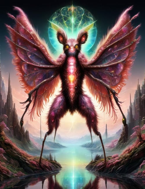 ((best quality)), ((masterpiece)), ((realistic,digital art)), (hyper detailed), Bl00m1ngF41ry Enormous Luminous Scaled Organic Arachnid,  Plantigrade Appendages,  Tufted-Tailed, Wooly Fur,  Feathered Wings,,  <lora:Bl00m1ngF41ry-000009:1.0>