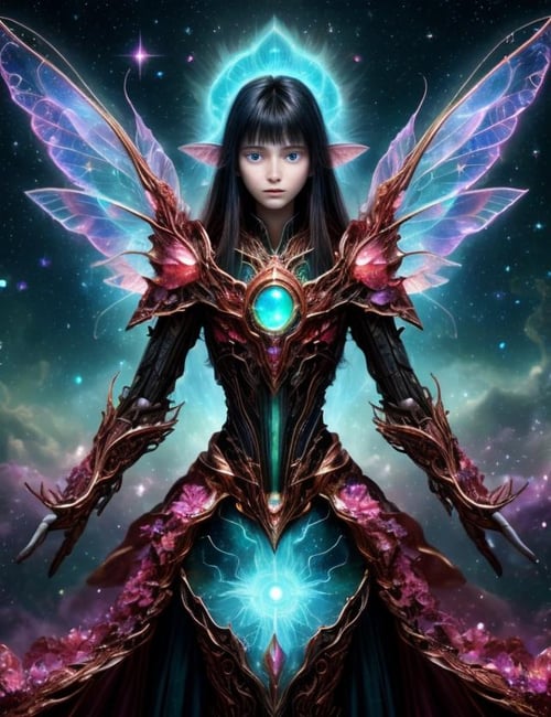 ((best quality)), ((masterpiece)), ((realistic,digital art)), (hyper detailed), Bl00m1ngF41ry female Sylph, humanoid elemental being, delicate and ethereal beings with gossamer wings, guardians of the air, sky,weather, Eighteen, Tall, East Asian, Light blue eyes,    Strong Jaw,   Unusual face shape,  , Dark Brown Wispy bangs hair, Disappointment, Astral Transcendence, Floating posture, ascending to a higher plane,  Magus, (Permanent Alizarin Crimson,Naphthol Red Manifest,Unfathomable,Enchanted ,Convection,Plasma,Quasar,Curved lines,Broken lines,Otherworldly,Charmed,Mystifying,Mermaid's Tears Tiles,Luminous Pearl Pathways Diffusion,Brownian motion magic:1.0) earth magic , Weaving spells into fabric, creating enchanted garments and cloaks, Faerie Lights,  <lora:Bl00m1ngF41ry-000009:1.0>