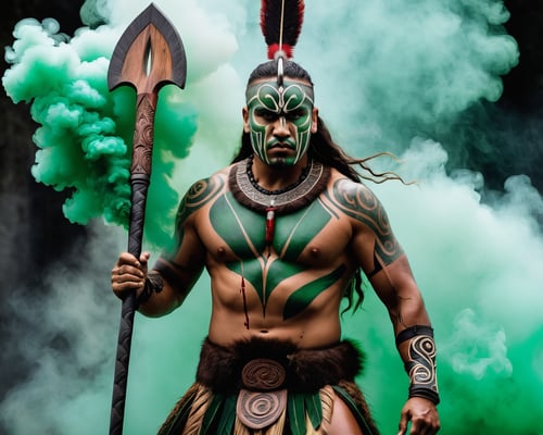 epic maori warrior, with green smoke, wooden taiaha with blood dripping from it, surrounded in smoke