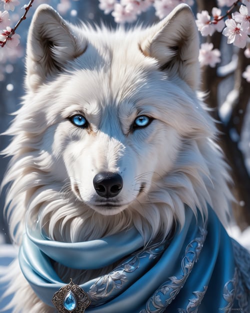 (Cinematic Photo:1.3) of (Ultra detailed:1.3) highly detailed Portrait of alluring fantasy silvery-white ((wolf)), gorgeous, stunning, billowing voluminous mane, gleaming ice blue eyes, photorealistic quality, in magical environment, furry tail, cherry blossoms, sakura trees, frosted blossoms, snow dusted fur, silver scarves, highly stylized face and tail, extremely beautiful, presenting magical jewel, magical silver scarf, intricate detailed, extremely complex art, ray tracing, thick glistening mane, masterpiece, close up, extreme close up, mid close up, by Thomas Kinkade, by Ismail Inceoglu, trending on Instagram, artstation, highly detailed eyes, 8k eyes, HARDWARE Photographic Art Direction, WLOP 5, realistic canine body, centered, anime Character Design, Unreal Engine, Beautiful, Tumblr Aesthetic, Hd Photography, Hyperrealism, Beautiful oil Painting, Realistic, Detailed, Painting By Olga Shvartsur, Anne Stokes, Svetlana Novikova, Fine Art,Highly Detailed