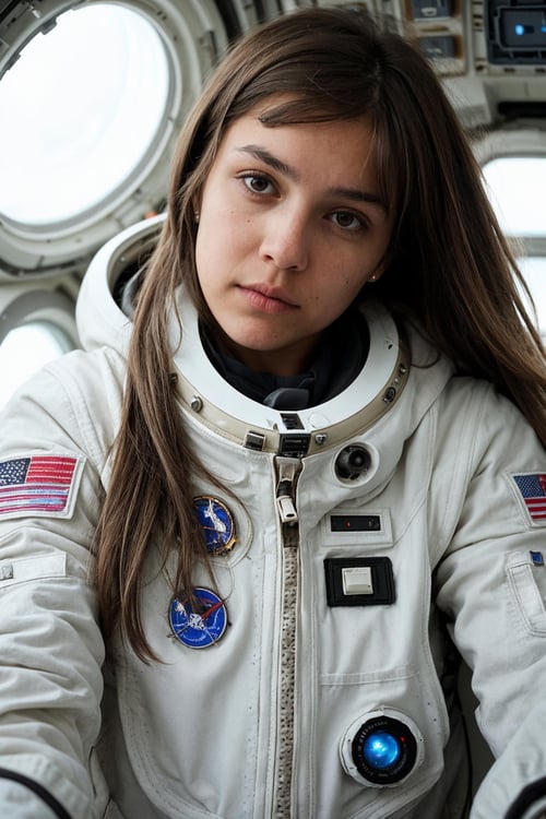 a photo of a messy brown hair girl, unbuttoned white space suit, cleavage, inside spaceship, attractive, looking at viewer, hyperdetailed, closeup