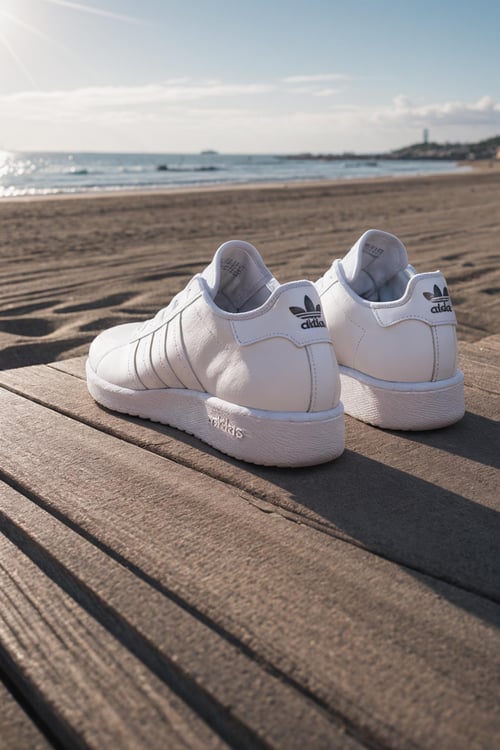 white adidas sneaker on a wooden table, beach in background, Bokeh, detailed, sunrays, sunlight, cinematic lighting, professional colorgraded