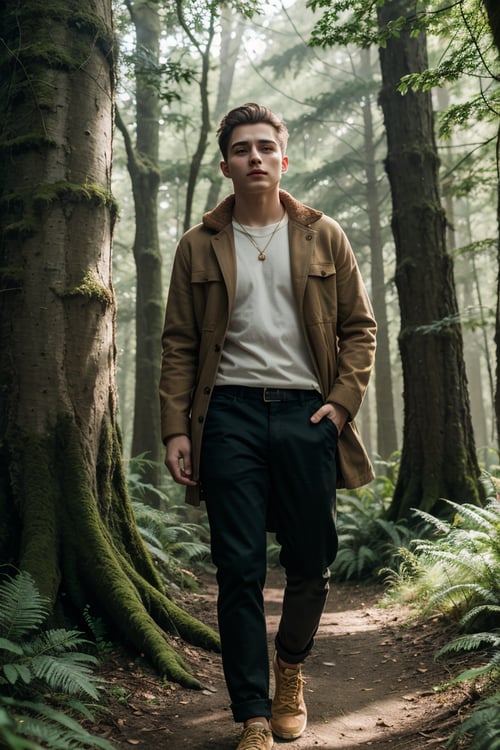 (best quality, 8K, highres, masterpiece), ultra-detailed depiction of a strikingly pale young man with golden blonde hair and deep amber eyes, standing tall amidst the ancient embrace of a dense forest. His height is notable, accentuating his slender yet defined silhouette against the myriad greens of the woodland. Tiny freckles dance across his face, a subtle testament to many sunlit days beneath the forest canopy. The scene captures a moment of serene connection between man and nature, with the forest's dappled light casting ethereal patterns on his skin and surroundings. The natural backdrop is alive with the vibrant detail of the woods, from the textured bark of the trees to the soft moss underfoot, creating a harmonious and mystical setting that highlights the young man's unique presence within this secluded haven