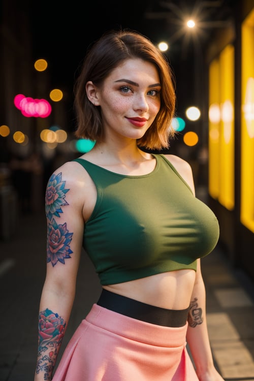 (Create an ultra-detailed photograph) of a stunning ((27-year-old Russian girl)) with a gorgeous and cute appearance. Capture her with a ((smirk)) and highlighting her ((freckles)). She should be wearing a ((green top and pink skirt)). In the background,  include a young girl in a green top and pink skirt for context. This should be a ((masterpiece)) with a ((best_quality)) in ultra-high resolution,  both ((4K)) and ((8K)),  incorporating ((HDR)) for added vibrancy. Utilize a ((Kodak Portra 400 lens)) to achieve a professional and timeless quality. Emphasize a ((blurry background)) with a touch of ((bokeh)) and ((lens flare)) for artistic effect. Enhance ((vibrant colors)) for a lively appearance. Ensure the photograph is ((ultra-detailed)) and showcases ((absurdres)) details. Pay extra attention to capturing the ((beautiful face)) of the subject,  focusing on features such as ((large breasts)) and a ((narrow waist)). Highlight any ((tattoos)) present. The goal is to create a ((professional photograph)) that is both visually striking and technically superb,<lora:EMS-52083-EMS:0.800000>